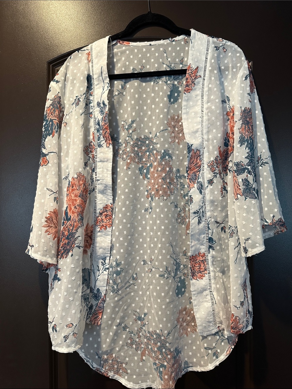 Sheer Floral Kimono Top - White with Dusty Rose & Slate Blue